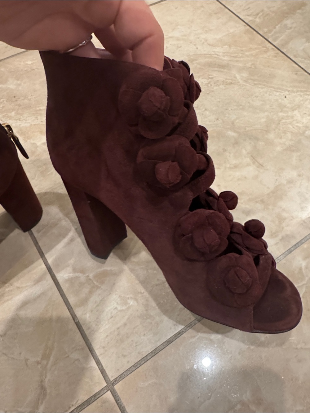 CHANEL Burgundy Suede Floral Peep-Toe Block Heels - Picture 5 of 10